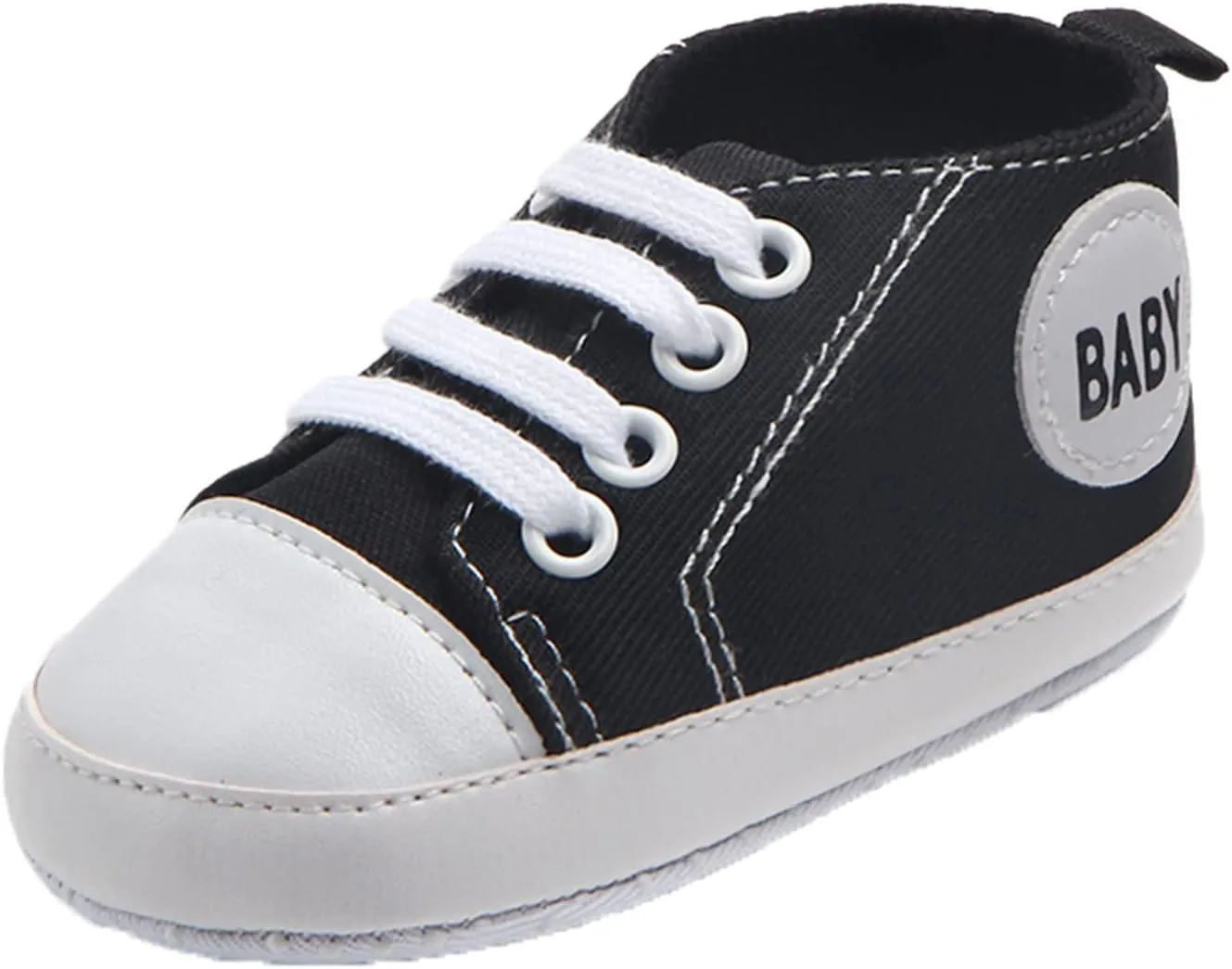 Newborn Baby Girls Boys Canvas Shoes Soft Sole Slip On High Top First Walking Sneaker Flat Lace up (Black, 6-9Months)