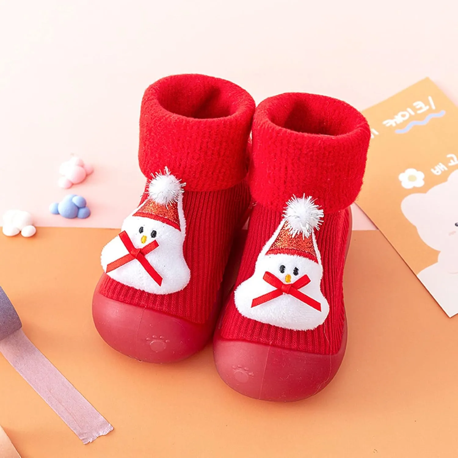Newborn Girl Boy Sock Shoes Baby Fleece ining Soft Slippers Rubber Sole Non-Slip Cute Slip on Shoes
