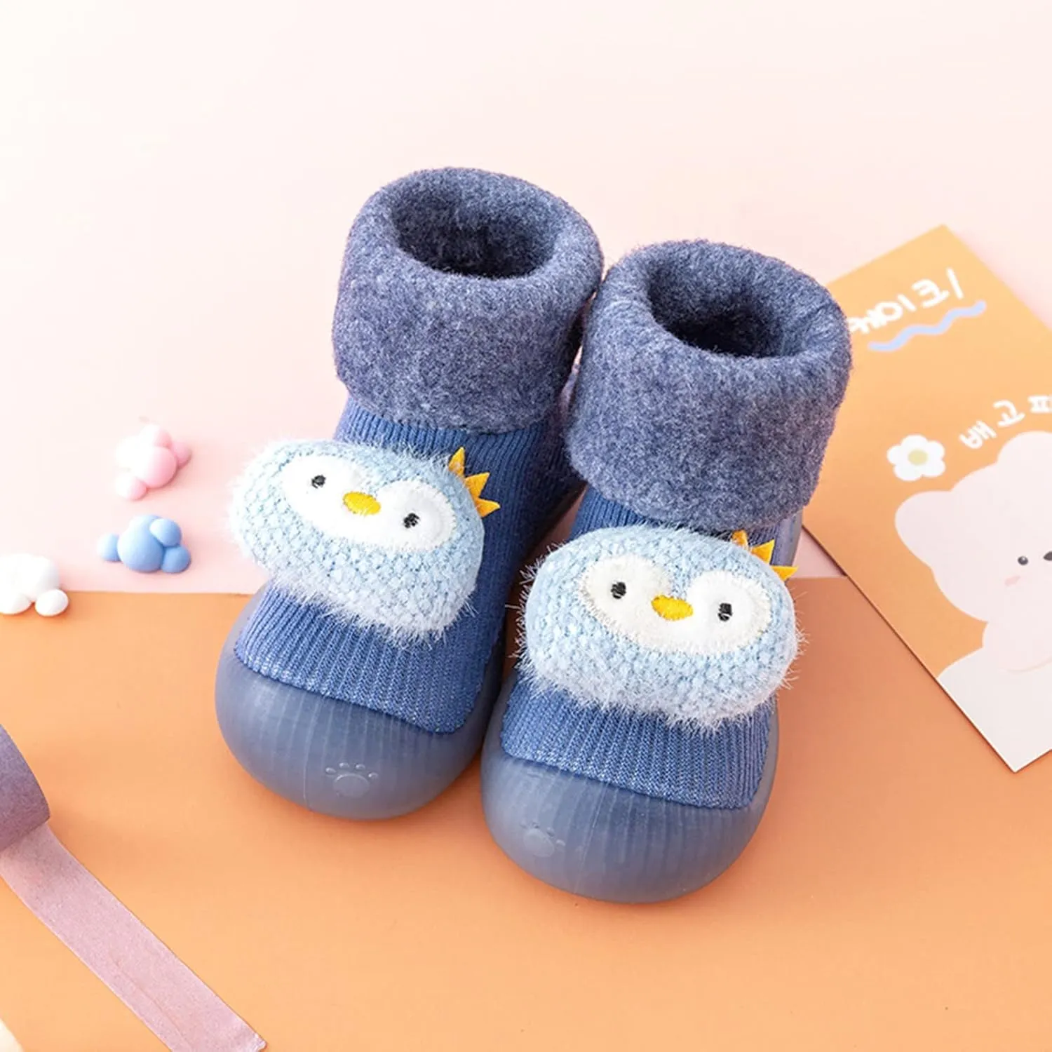 Newborn Girl Boy Sock Shoes Baby Fleece ining Soft Slippers Rubber Sole Non-Slip Cute Slip on Shoes