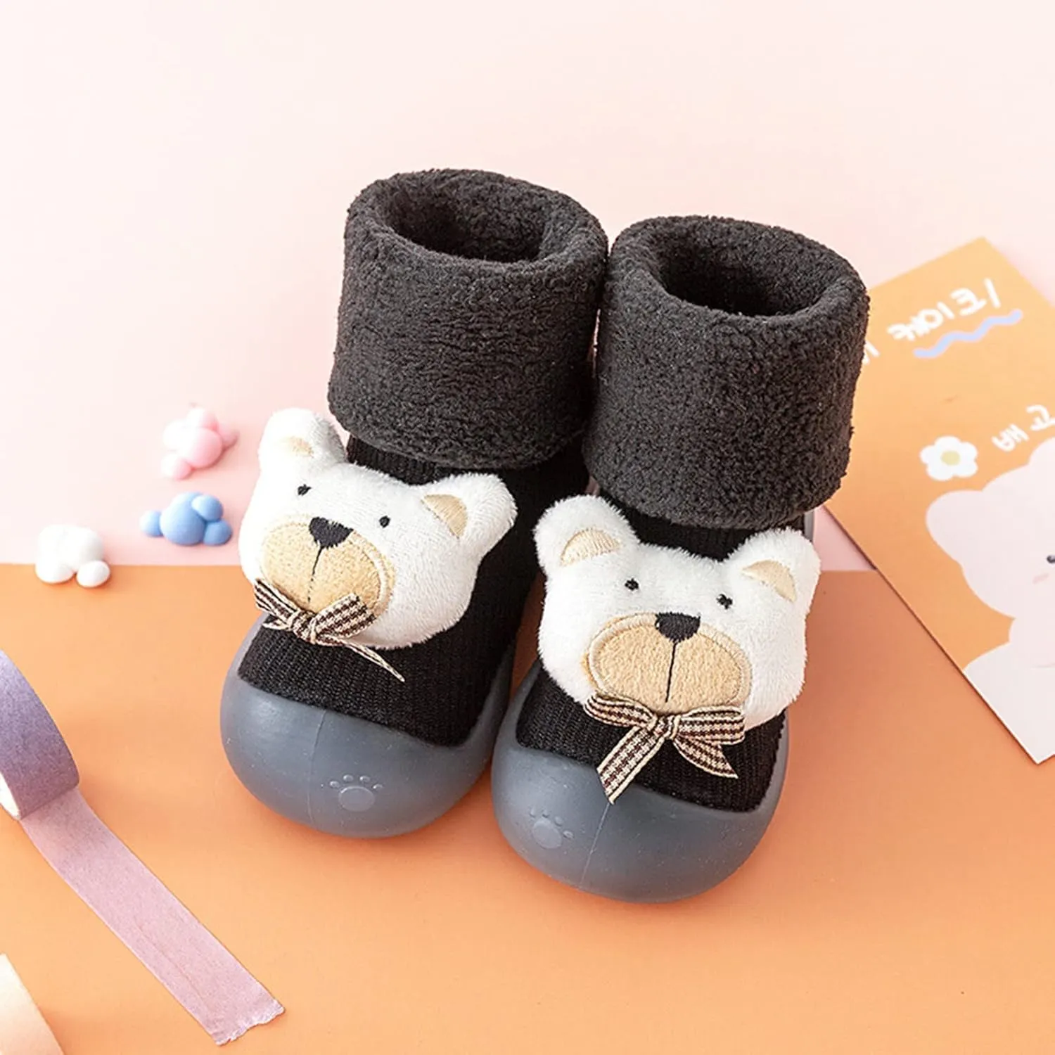 Newborn Girl Boy Sock Shoes Baby Fleece ining Soft Slippers Rubber Sole Non-Slip Cute Slip on Shoes
