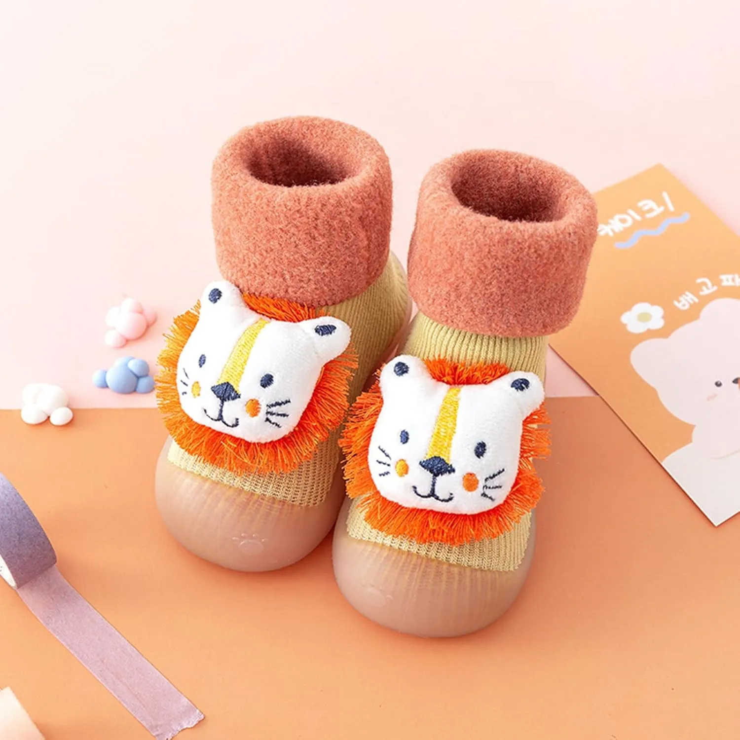 Newborn Girl Boy Sock Shoes Baby Fleece ining Soft Slippers Rubber Sole Non-Slip Cute Slip on Shoes