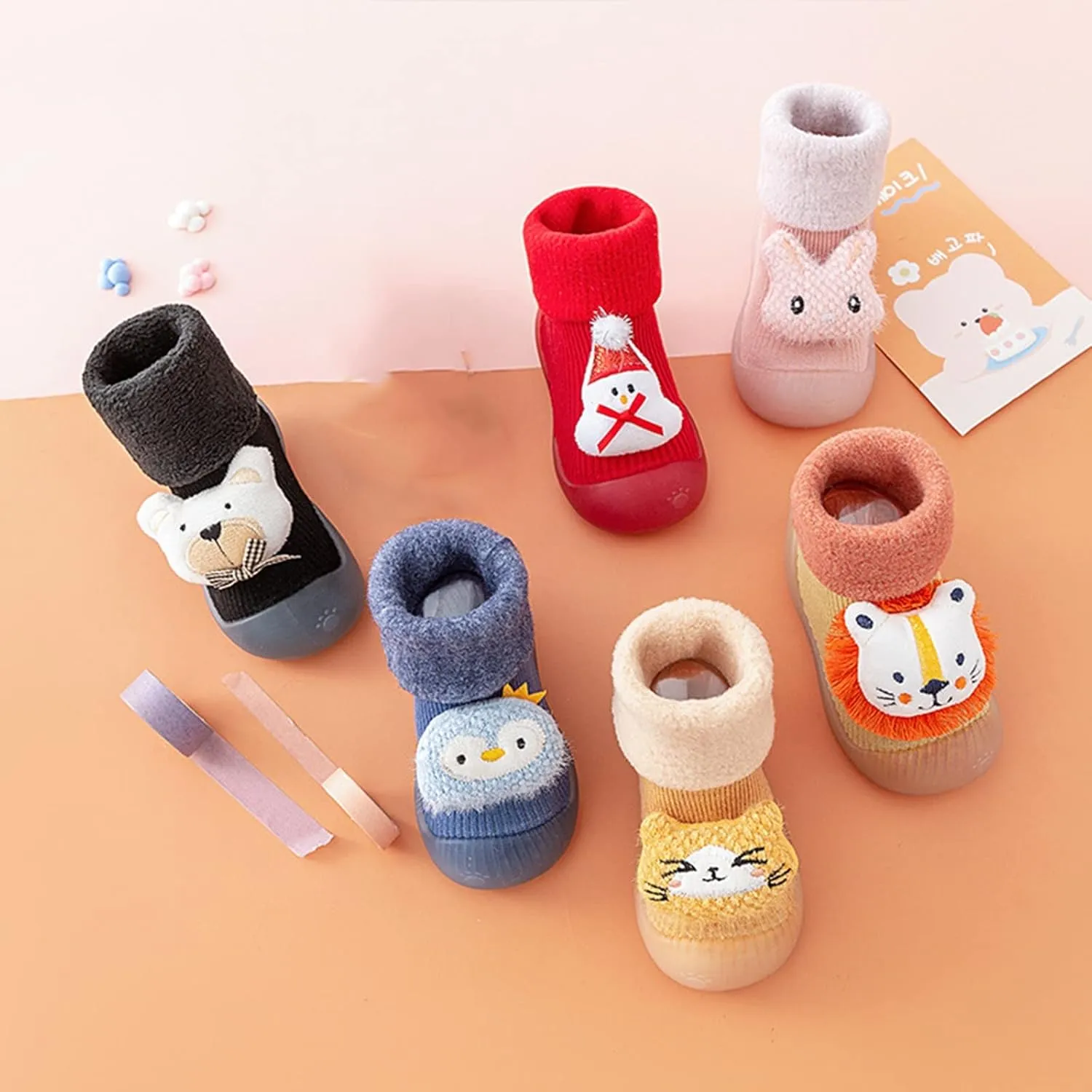Newborn Girl Boy Sock Shoes Baby Fleece ining Soft Slippers Rubber Sole Non-Slip Cute Slip on Shoes