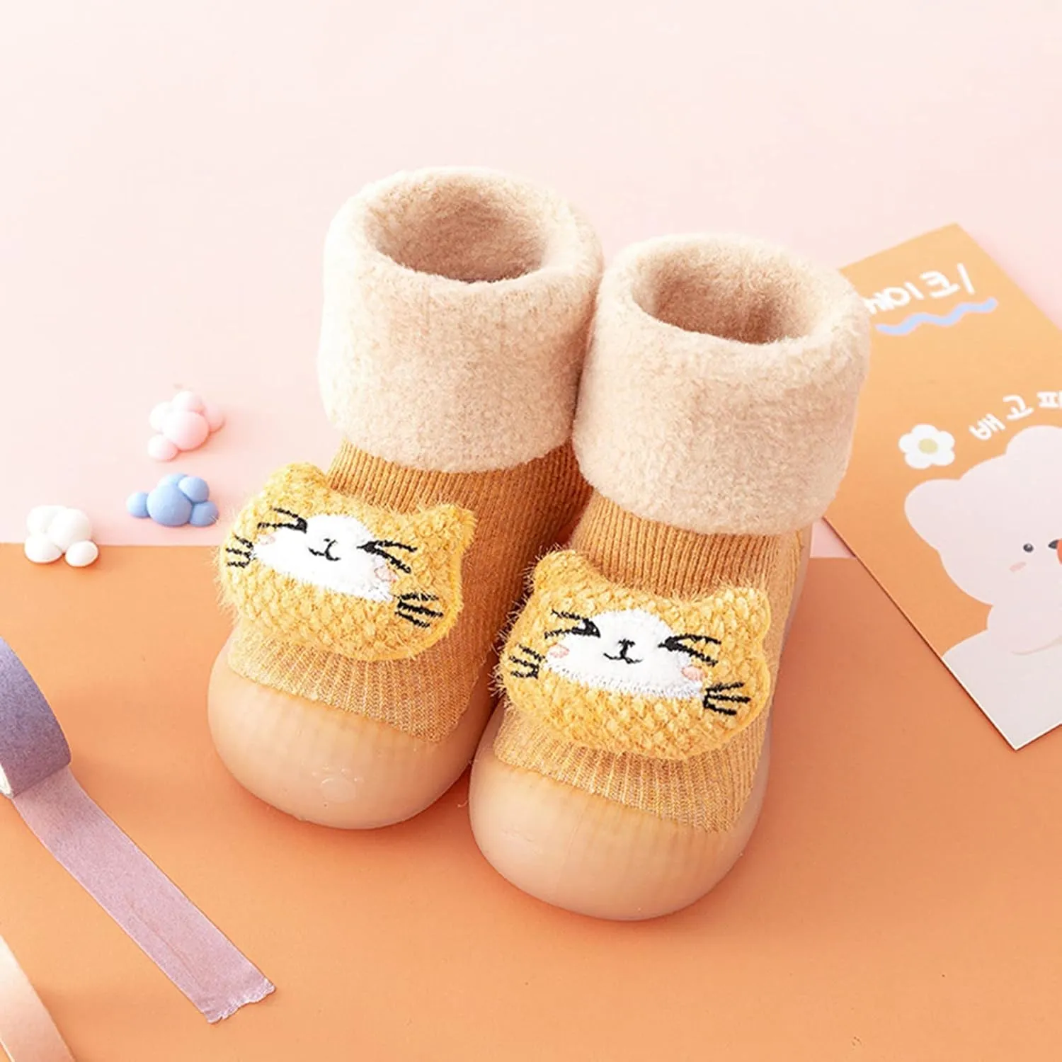 Newborn Girl Boy Sock Shoes Baby Fleece ining Soft Slippers Rubber Sole Non-Slip Cute Slip on Shoes