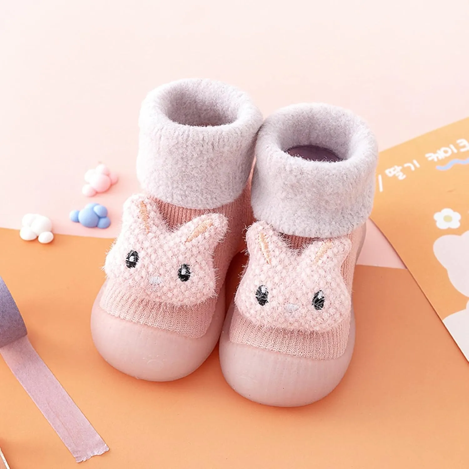 Newborn Girl Boy Sock Shoes Baby Fleece ining Soft Slippers Rubber Sole Non-Slip Cute Slip on Shoes