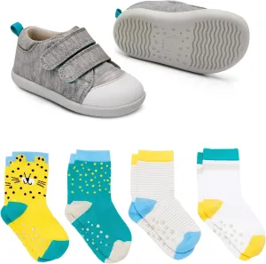 Ten Little First Walker Kids Shoes & Crew Socks Bundle for Baby & Toddler Boys & Girls, Heather Gray Shoe Size 6, Crew Socks with Non-Skid Grips 4 Pk