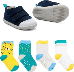 Ten Little First Walker Kids Shoes & Crew Socks Bundle for Baby & Toddler Boys & Girls, Navy Blue Shoe Size 4.5, Crew Socks with Non-Skid Grips 4 Pk