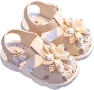 Toddler Baby Girls Sandals Shoe Bow Open Toe Slip On Soft Sole Princess Shoes Sandal Cute Solid Summer Home SHoe Z-024 Beige 8.5