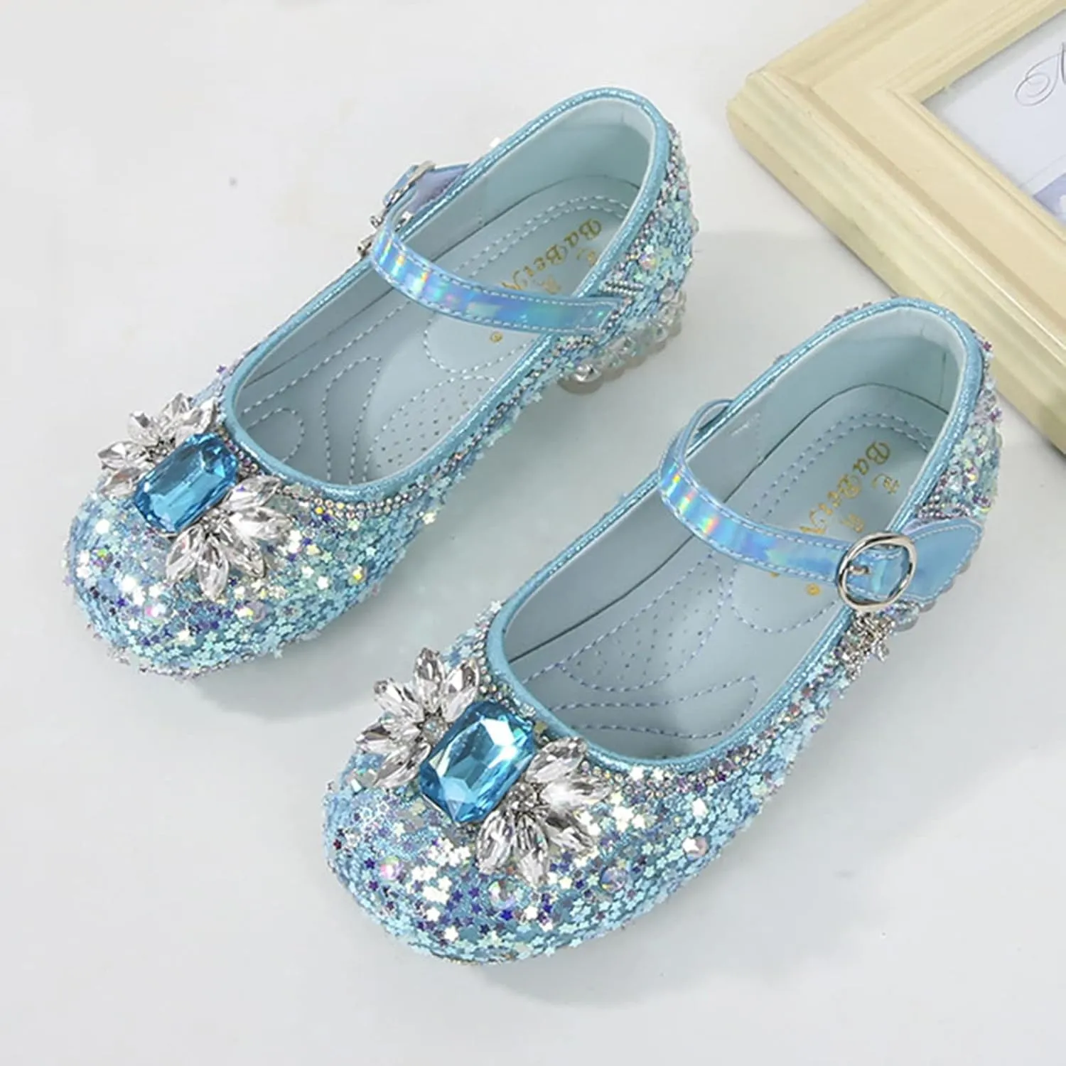 Toddler Girl Shoes Little Kids Glitter Sequins Princess Dress Shoes Low Heels Rhinestone Buckle Mary Jane Sandals