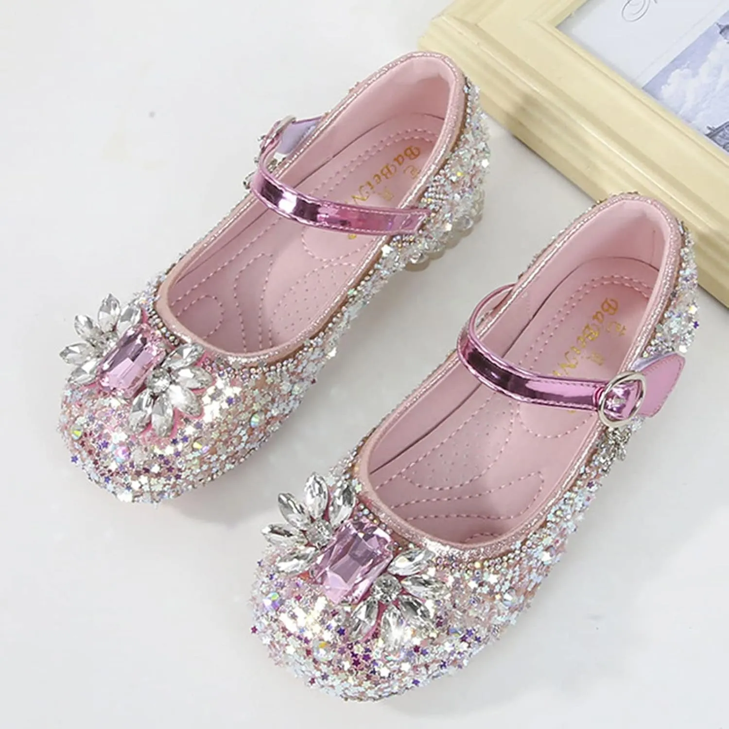Toddler Girl Shoes Little Kids Glitter Sequins Princess Dress Shoes Low Heels Rhinestone Buckle Mary Jane Sandals