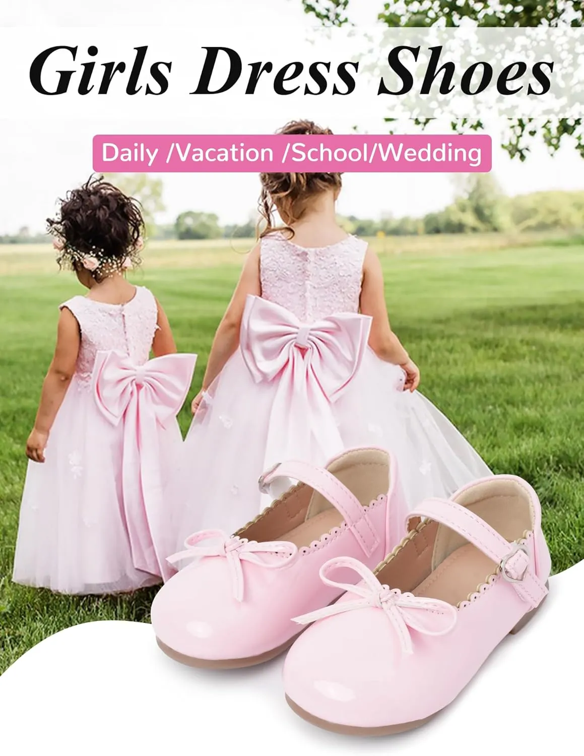 Toddler Girls Mary Jane Flats with Bow Shiny PU Leather Princess Shoes Breathable Non-Slip Ballet Shoes 4-13