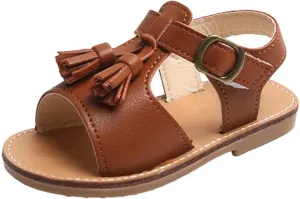 Toddler Infant Kids Slippers Shoes Baby Girls Boys Solid Sandals Shoe Tassels Casual Fish Mouth Sandals Beach Comfy J-518 Brown 10
