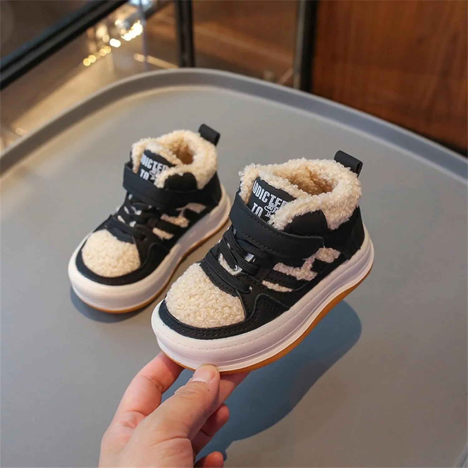 Toddler Kids Fleece Booties Anti-Slip Rubber Soft Sole Sneakers Boys Girls Warm Plush Lined Comfortable 7 Toddler Shoes
