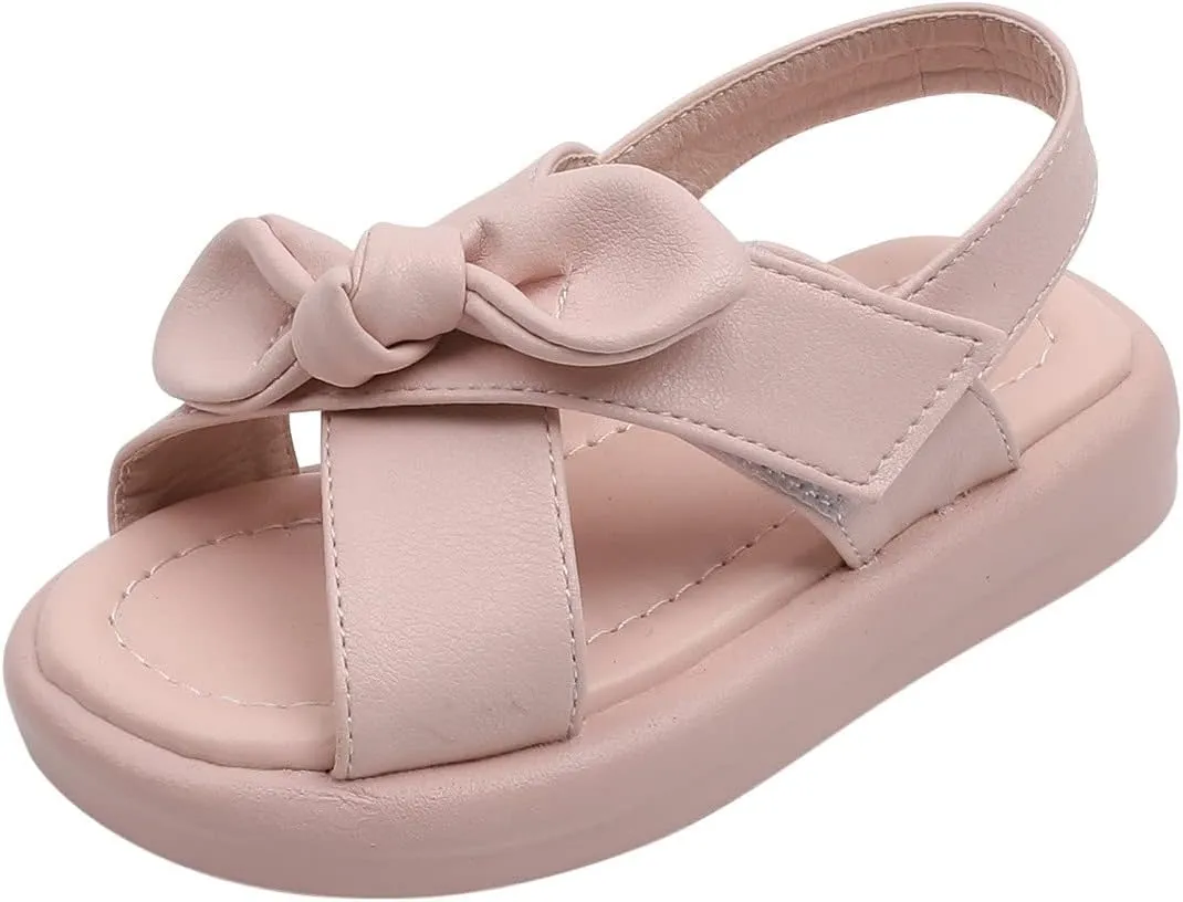 Toddler Sandals Shoes Baby Girls Cute Solid Color Slip On Shoes Bow Non-slip Soft Sole Beach Sandal Comfort Daily V-313 Pink 6.5