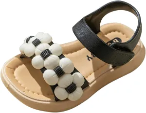Toddler Shoes Baby Girls Sandals Shoes Cute Fashion Solid Slip On Flowers Non-Slip Soft Sole Beach Sandals Comfort S-744 Black 9.5