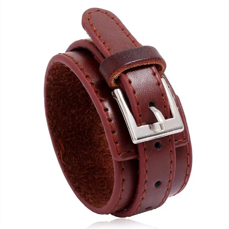 Vintage Irregular Men Genuine Leather Bracelets Wide Brown Cuff Wrap Bracelets;Bangles Punk Wristband Women Men Jewelry