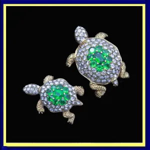Vintage Pair Turtle Brooches 18k Gold Diamonds Green Garnets w Appraisal (6836)