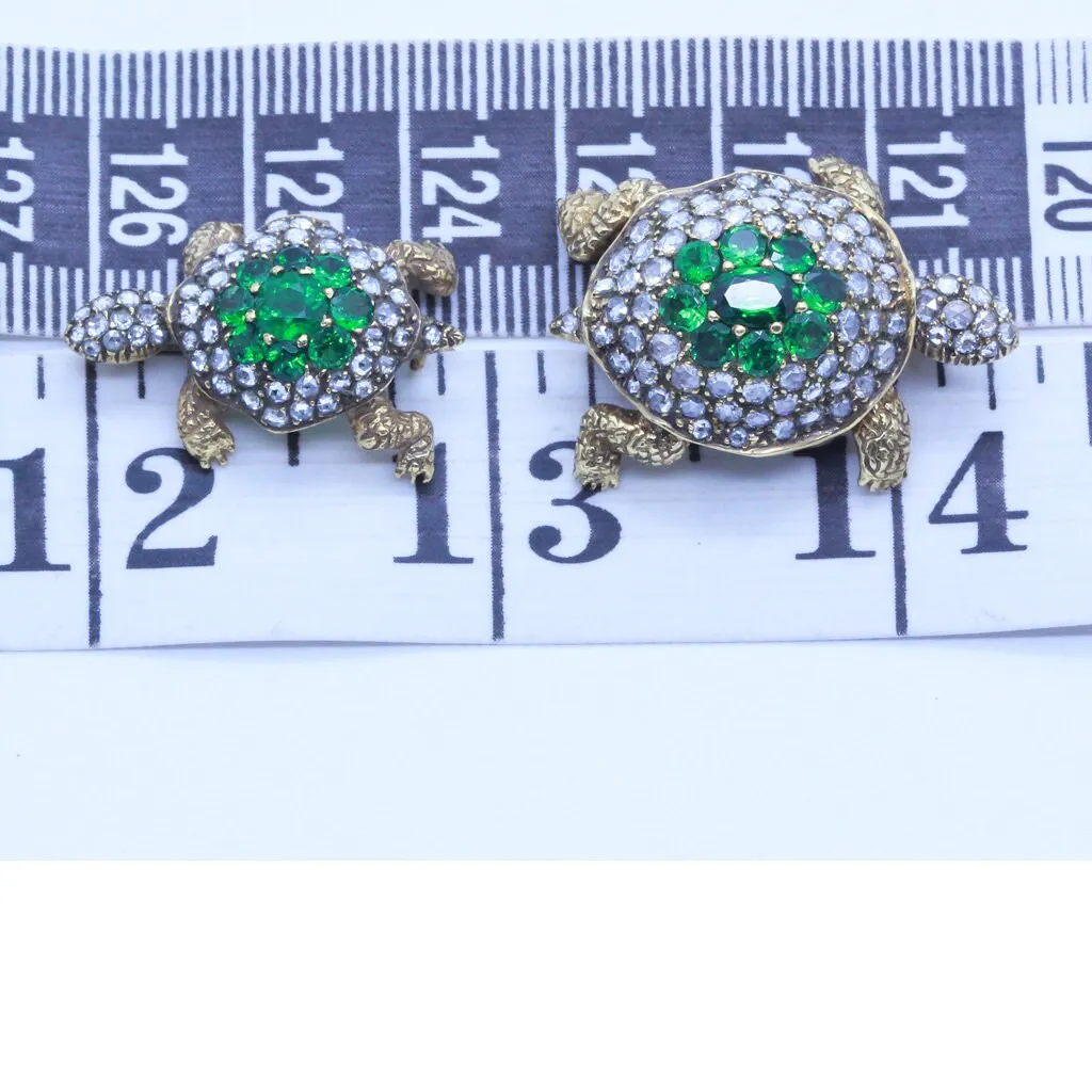 Vintage Pair Turtle Brooches 18k Gold Diamonds Green Garnets w Appraisal (6836)