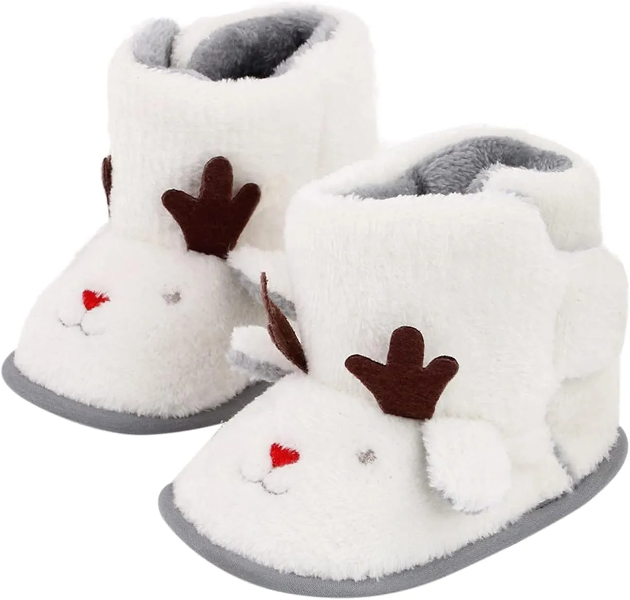 Warm Winter Baby Shoes Cartoon Deer Shape Christmas Baby Shoes Baby Soft Sole Toddler Shoes Winter Booties for Infants (White, 6-12 Months)